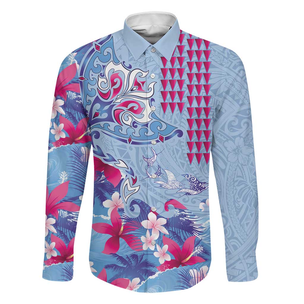 Hawaiian Tribal Manta Ray Family Matching Off Shoulder Short Dress and Hawaiian Shirt Kakau Tattoo and Flowers Surfing Waves Pattern Soft Color