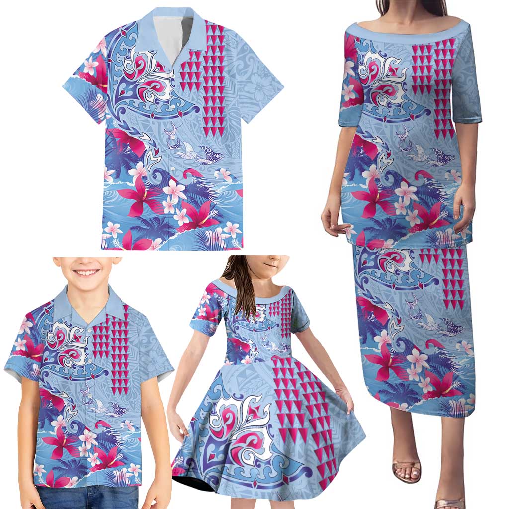 Hawaiian Tribal Manta Ray Family Matching Puletasi and Hawaiian Shirt Kakau Tattoo and Flowers Surfing Waves Pattern Soft Color