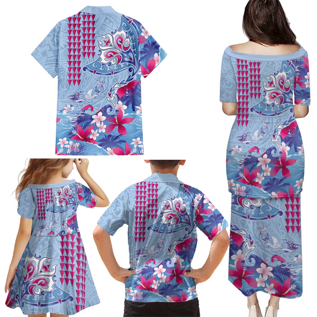 Hawaiian Tribal Manta Ray Family Matching Puletasi and Hawaiian Shirt Kakau Tattoo and Flowers Surfing Waves Pattern Soft Color