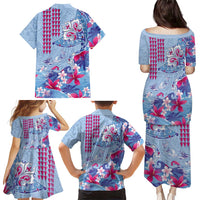 Hawaiian Tribal Manta Ray Family Matching Puletasi and Hawaiian Shirt Kakau Tattoo and Flowers Surfing Waves Pattern Soft Color