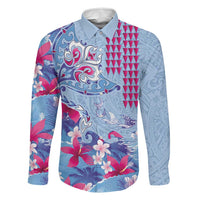Hawaiian Tribal Manta Ray Family Matching Tank Maxi Dress and Hawaiian Shirt Kakau Tattoo and Flowers Surfing Waves Pattern Soft Color