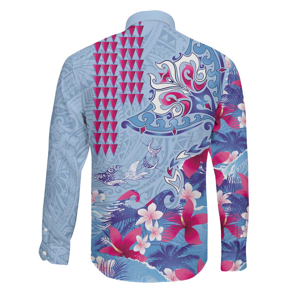 Hawaiian Tribal Manta Ray Family Matching Tank Maxi Dress and Hawaiian Shirt Kakau Tattoo and Flowers Surfing Waves Pattern Soft Color