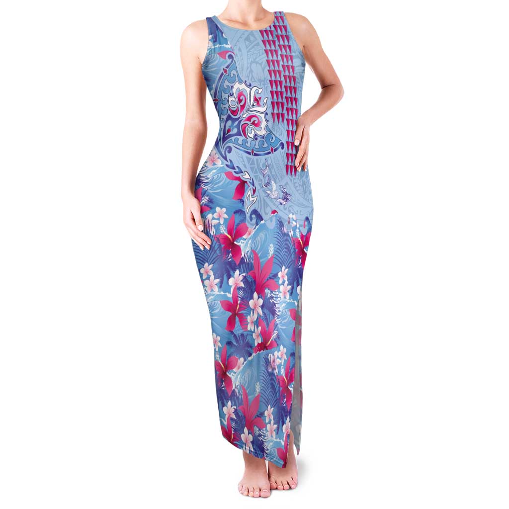 Hawaiian Tribal Manta Ray Family Matching Tank Maxi Dress and Hawaiian Shirt Kakau Tattoo and Flowers Surfing Waves Pattern Soft Color