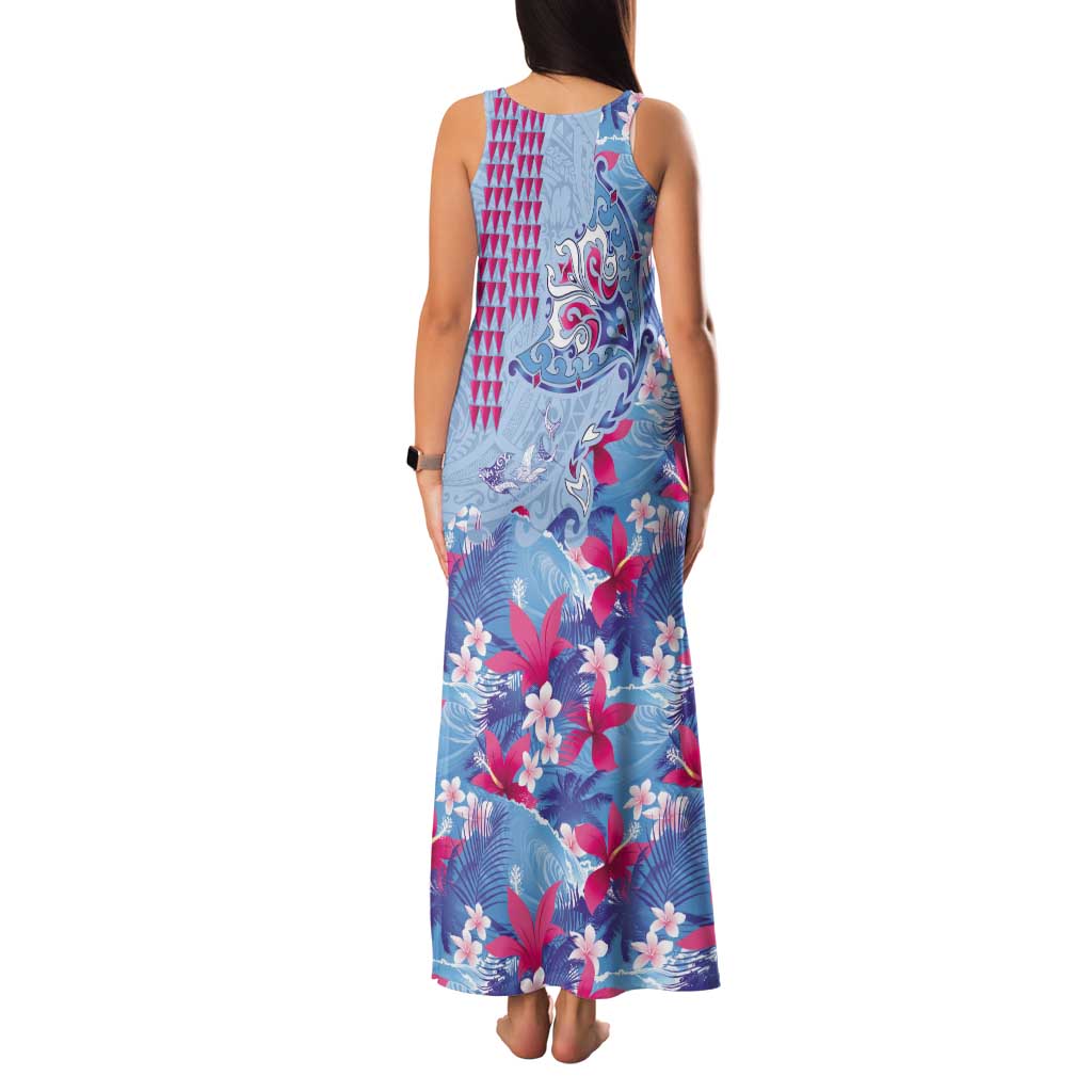 Hawaiian Tribal Manta Ray Family Matching Tank Maxi Dress and Hawaiian Shirt Kakau Tattoo and Flowers Surfing Waves Pattern Soft Color