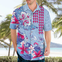 Hawaiian Tribal Manta Ray Hawaiian Shirt Kakau Tattoo and Flowers Surfing Waves Pattern Soft Color