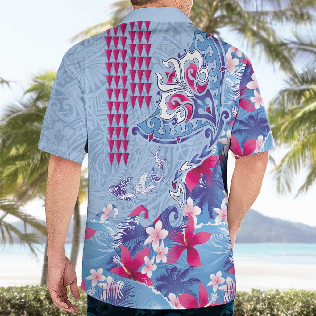 Hawaiian Tribal Manta Ray Hawaiian Shirt Kakau Tattoo and Flowers Surfing Waves Pattern Soft Color