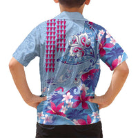 Hawaiian Tribal Manta Ray Hawaiian Shirt Kakau Tattoo and Flowers Surfing Waves Pattern Soft Color