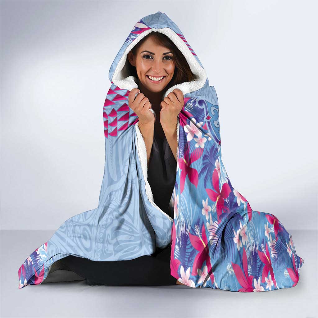 Hawaiian Tribal Manta Ray Hooded Blanket Kakau Tattoo and Flowers Surfing Waves Pattern Soft Color LT03 - Polynesian Pride