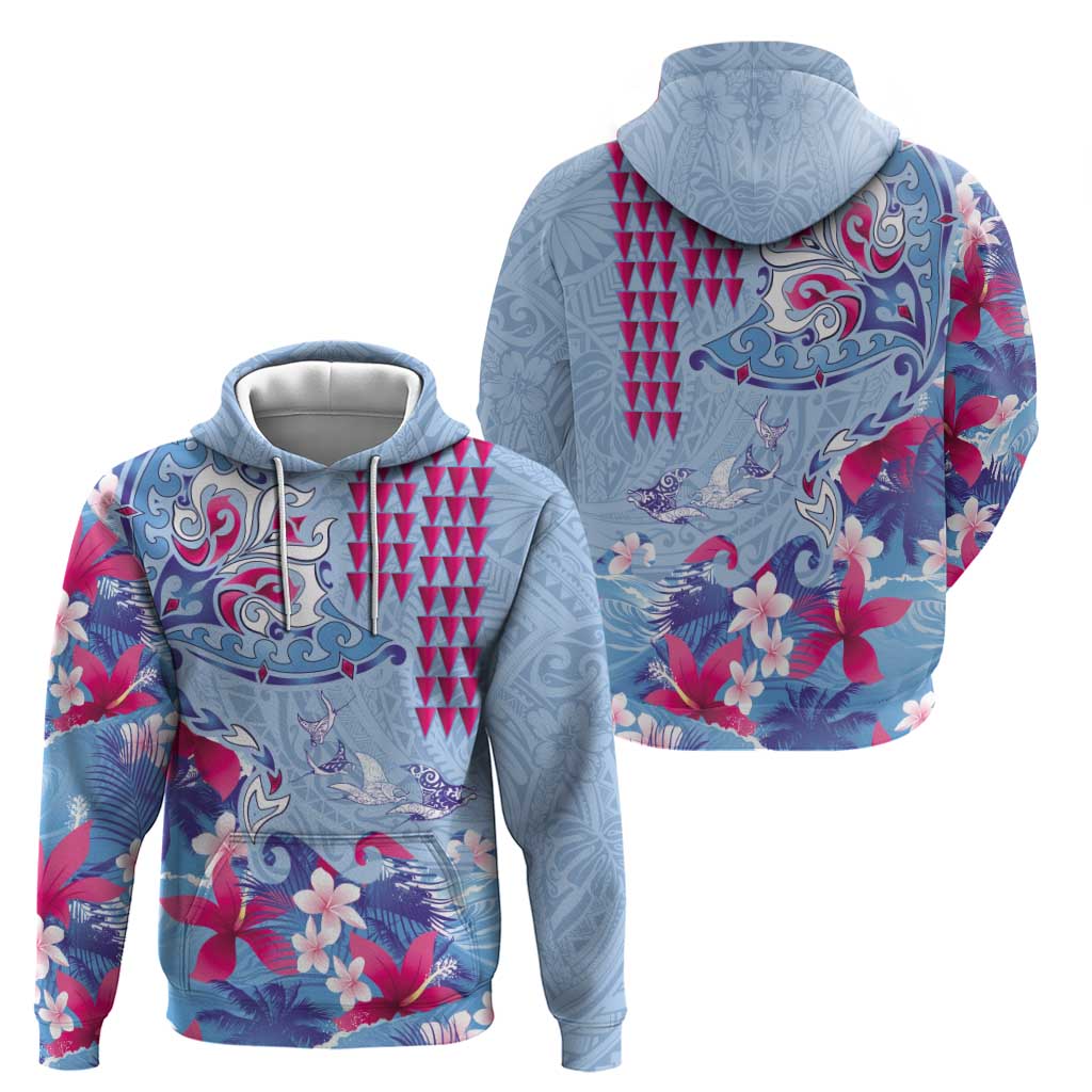 Hawaiian Tribal Manta Ray Hoodie Kakau Tattoo and Flowers Surfing Waves Pattern Soft Color LT03 - Polynesian Pride