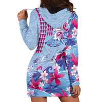 Hawaiian Tribal Manta Ray Hoodie Dress Kakau Tattoo and Flowers Surfing Waves Pattern Soft Color