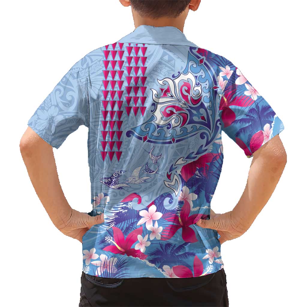 Hawaiian Tribal Manta Ray Kid Hawaiian Shirt Kakau Tattoo and Flowers Surfing Waves Pattern Soft Color