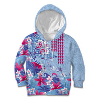 Hawaiian Tribal Manta Ray Kid Hoodie Kakau Tattoo and Flowers Surfing Waves Pattern Soft Color
