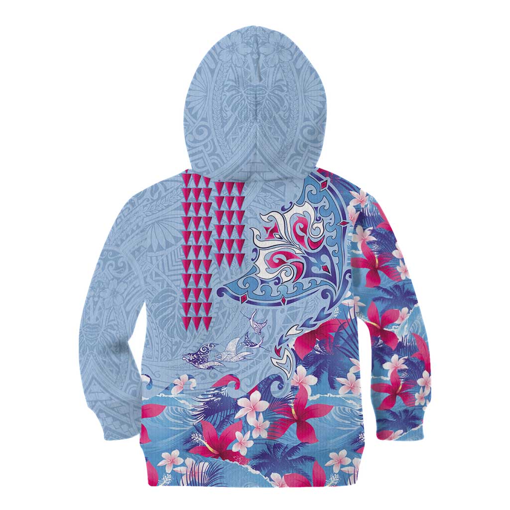 Hawaiian Tribal Manta Ray Kid Hoodie Kakau Tattoo and Flowers Surfing Waves Pattern Soft Color