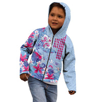 Hawaiian Tribal Manta Ray Kid Hoodie Kakau Tattoo and Flowers Surfing Waves Pattern Soft Color