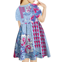 Hawaiian Tribal Manta Ray Kid Short Sleeve Dress Kakau Tattoo and Flowers Surfing Waves Pattern Soft Color