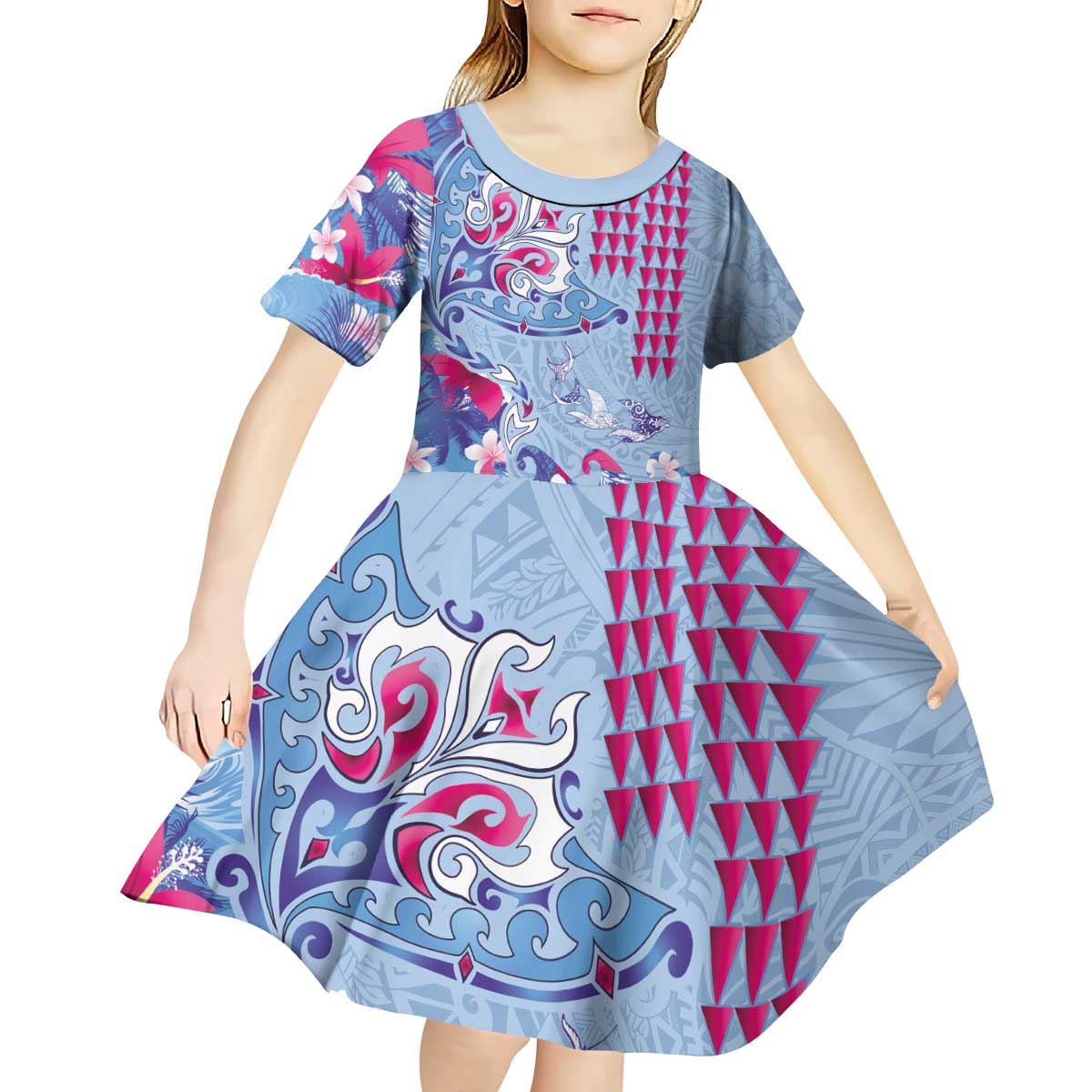 Hawaiian Tribal Manta Ray Kid Short Sleeve Dress Kakau Tattoo and Flowers Surfing Waves Pattern Soft Color