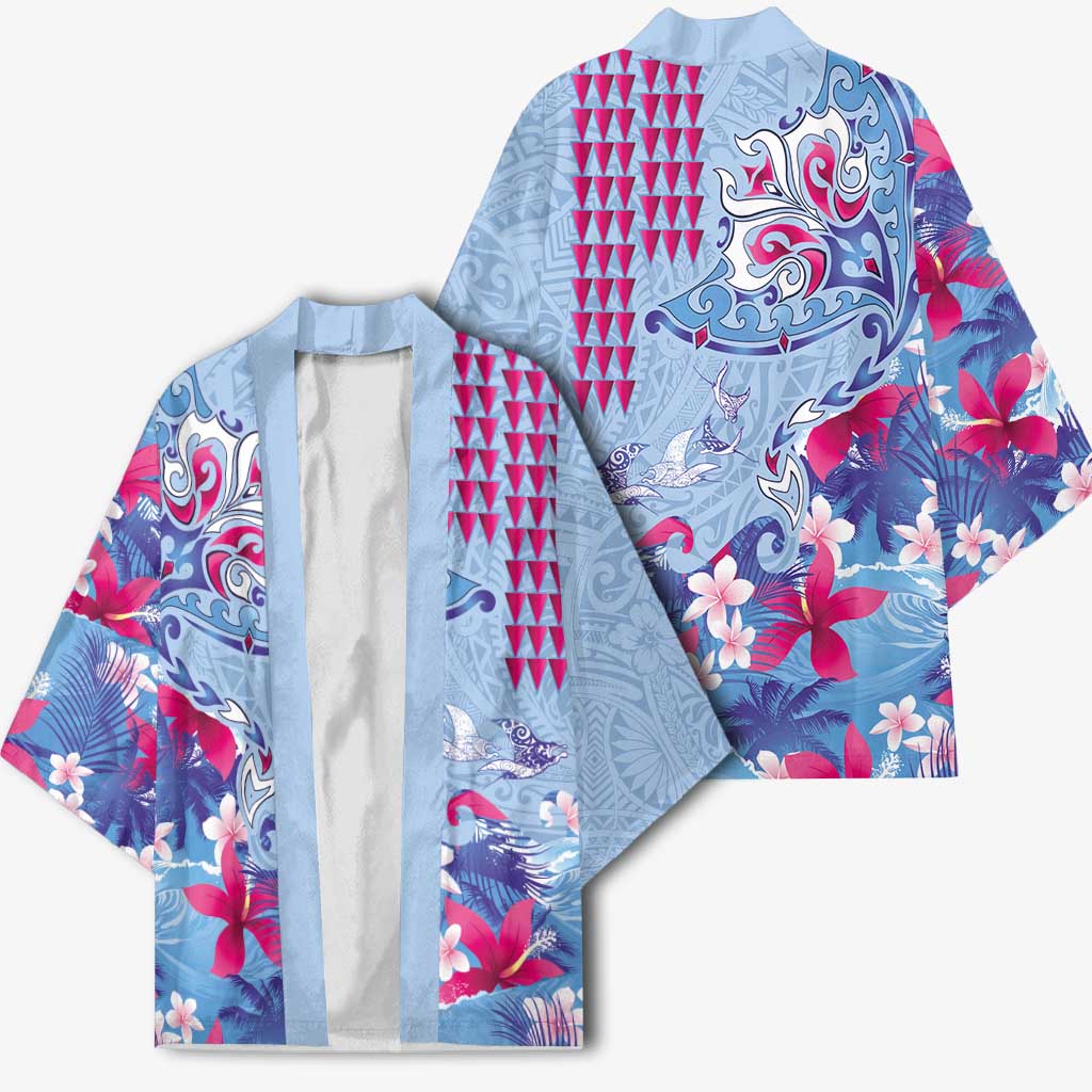 Hawaiian Tribal Manta Ray Kimono Kakau Tattoo and Flowers Surfing Waves Pattern Soft Color