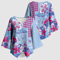 Hawaiian Tribal Manta Ray Kimono Sleeve Blouse Kakau Tattoo and Flowers Surfing Waves Pattern Soft Color