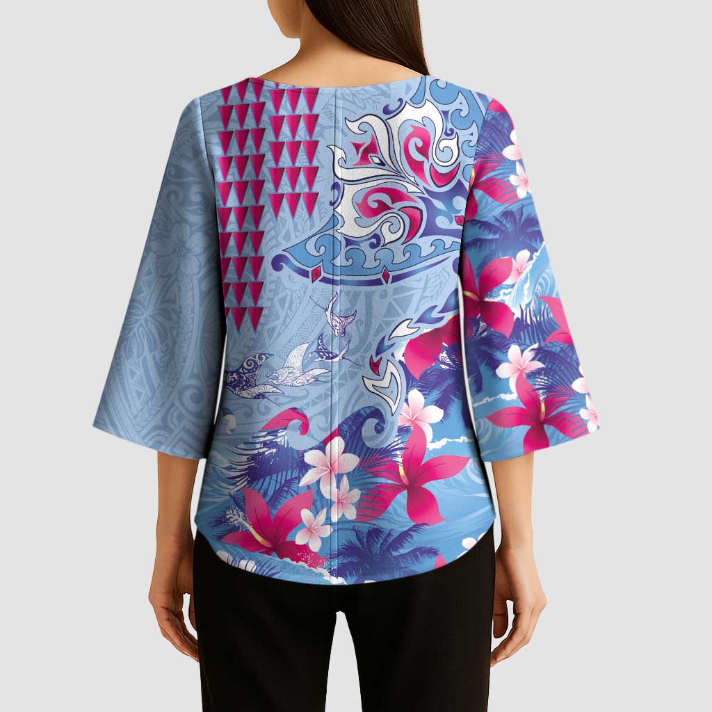 Hawaiian Tribal Manta Ray Kimono Sleeve Blouse Kakau Tattoo and Flowers Surfing Waves Pattern Soft Color