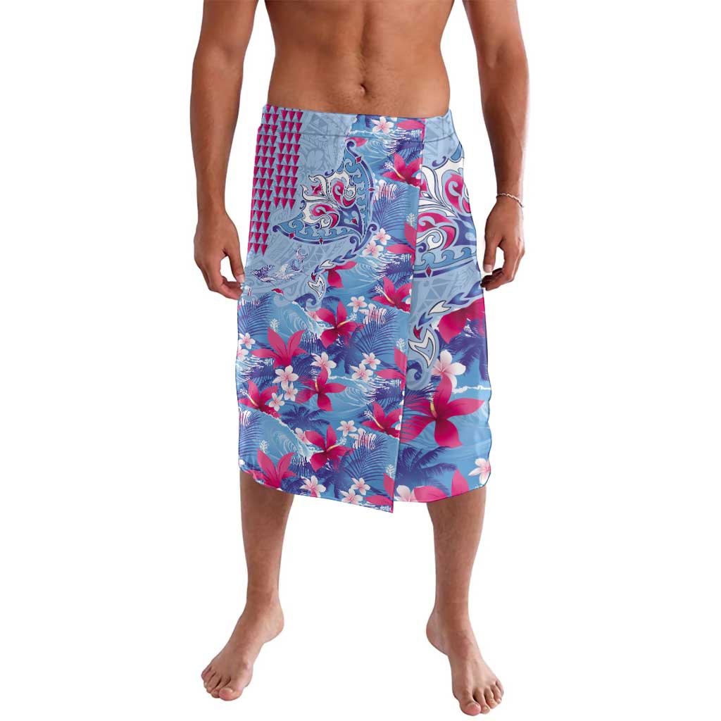 Hawaiian Tribal Manta Ray Lavalava Kakau Tattoo and Flowers Surfing Waves Pattern Soft Color