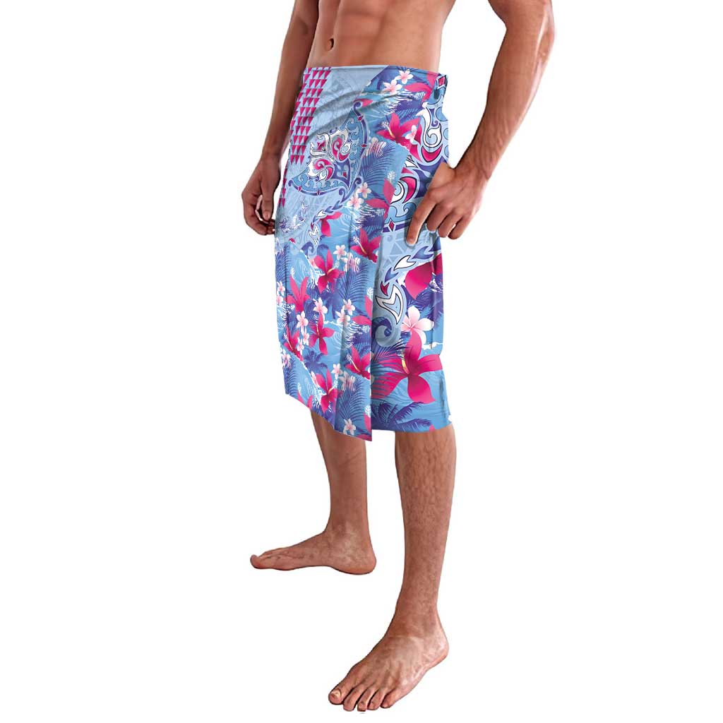 Hawaiian Tribal Manta Ray Lavalava Kakau Tattoo and Flowers Surfing Waves Pattern Soft Color