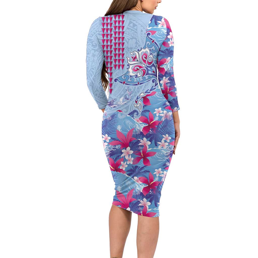 Hawaiian Tribal Manta Ray Long Sleeve Bodycon Dress Kakau Tattoo and Flowers Surfing Waves Pattern Soft Color