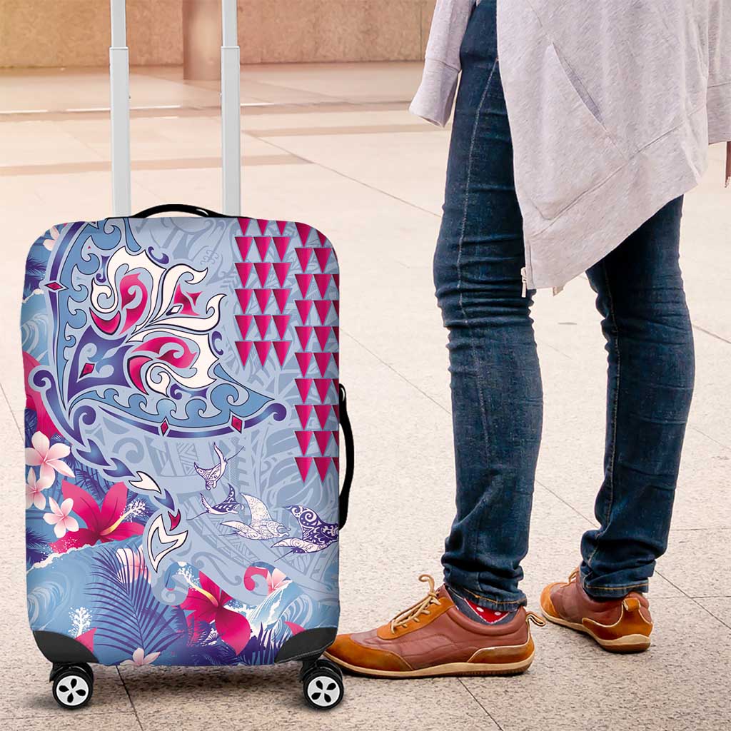 Hawaiian Tribal Manta Ray Luggage Cover Kakau Tattoo and Flowers Surfing Waves Pattern Soft Color LT03 Multicolor - Polynesian Pride