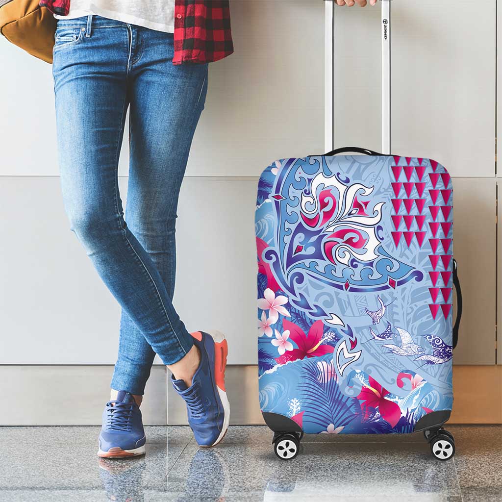 Hawaiian Tribal Manta Ray Luggage Cover Kakau Tattoo and Flowers Surfing Waves Pattern Soft Color LT03 - Polynesian Pride