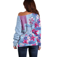 Hawaiian Tribal Manta Ray Off Shoulder Sweater Kakau Tattoo and Flowers Surfing Waves Pattern Soft Color