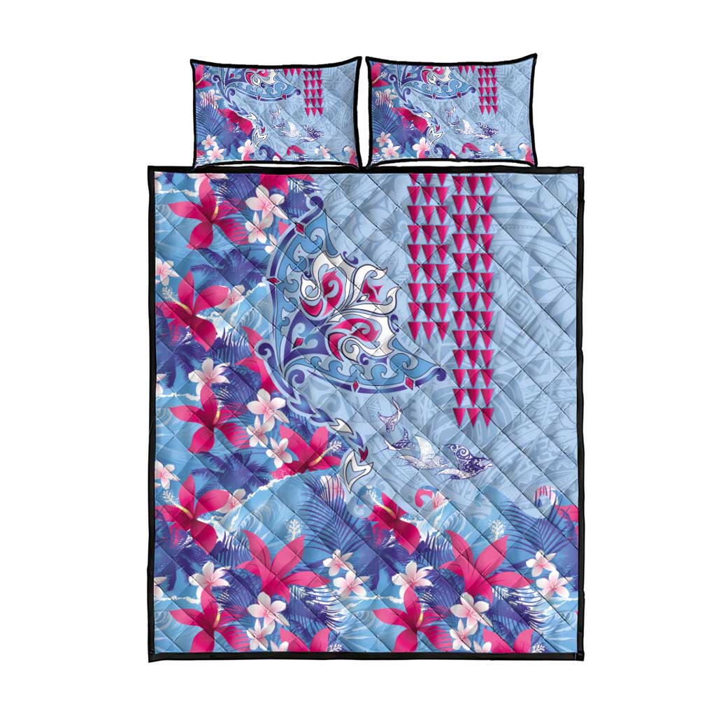 Hawaiian Tribal Manta Ray Quilt Bed Set Kakau Tattoo and Flowers Surfing Waves Pattern Soft Color LT03 - Polynesian Pride