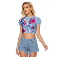 Hawaiian Tribal Manta Ray Raglan Cropped T Shirt Kakau Tattoo and Flowers Surfing Waves Pattern Soft Color
