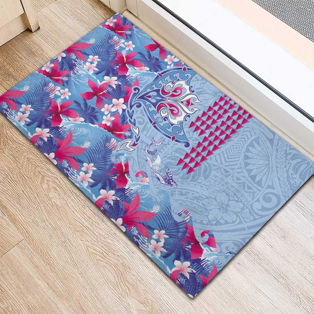 Hawaiian Tribal Manta Ray Rubber Doormat Kakau Tattoo and Flowers Surfing Waves Pattern Soft Color