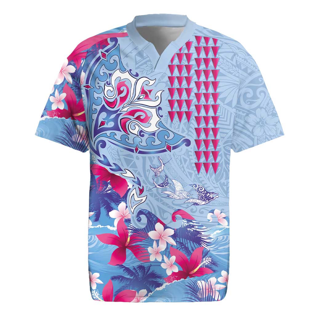 Hawaiian Tribal Manta Ray Rugby Jersey Kakau Tattoo and Flowers Surfing Waves Pattern Soft Color LT03 Multicolor - Polynesian Pride