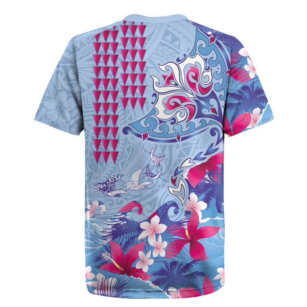 Hawaiian Tribal Manta Ray Rugby Jersey Kakau Tattoo and Flowers Surfing Waves Pattern Soft Color LT03 - Polynesian Pride
