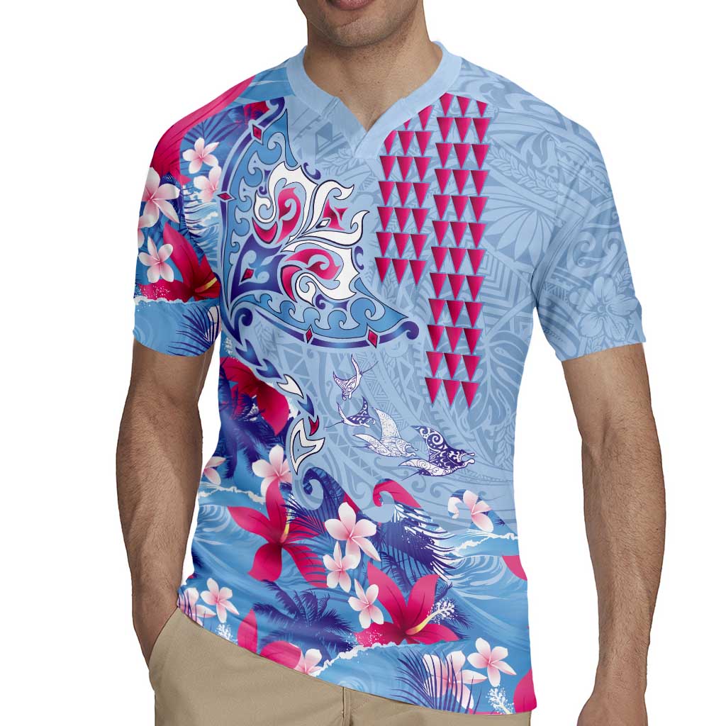 Hawaiian Tribal Manta Ray Rugby Jersey Kakau Tattoo and Flowers Surfing Waves Pattern Soft Color LT03 - Polynesian Pride