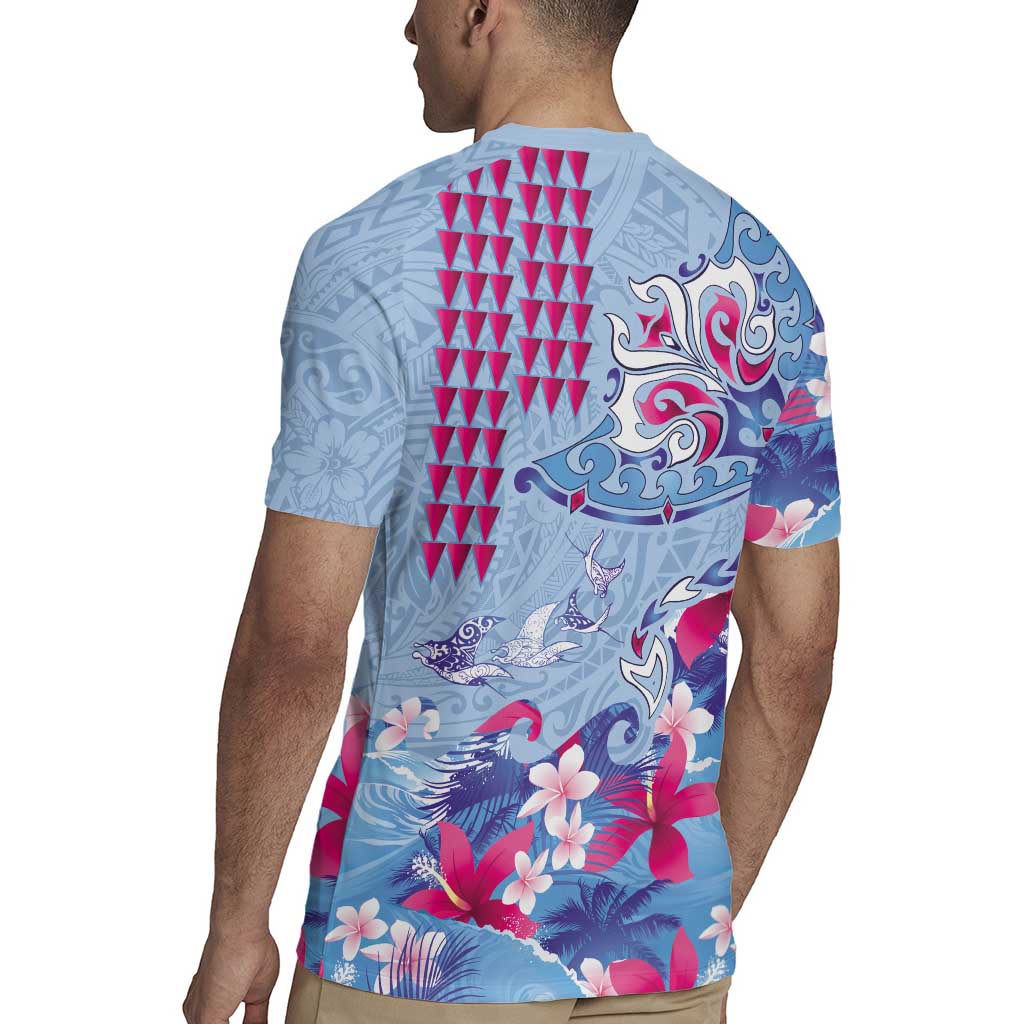 Hawaiian Tribal Manta Ray Rugby Jersey Kakau Tattoo and Flowers Surfing Waves Pattern Soft Color LT03 - Polynesian Pride