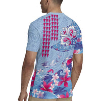 Hawaiian Tribal Manta Ray Rugby Jersey Kakau Tattoo and Flowers Surfing Waves Pattern Soft Color LT03 - Polynesian Pride