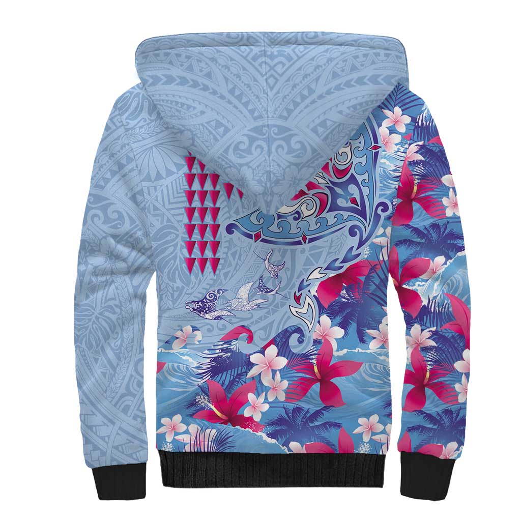 Hawaiian Tribal Manta Ray Sherpa Hoodie Kakau Tattoo and Flowers Surfing Waves Pattern Soft Color