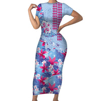 Hawaiian Tribal Manta Ray Short Sleeve Bodycon Dress Kakau Tattoo and Flowers Surfing Waves Pattern Soft Color