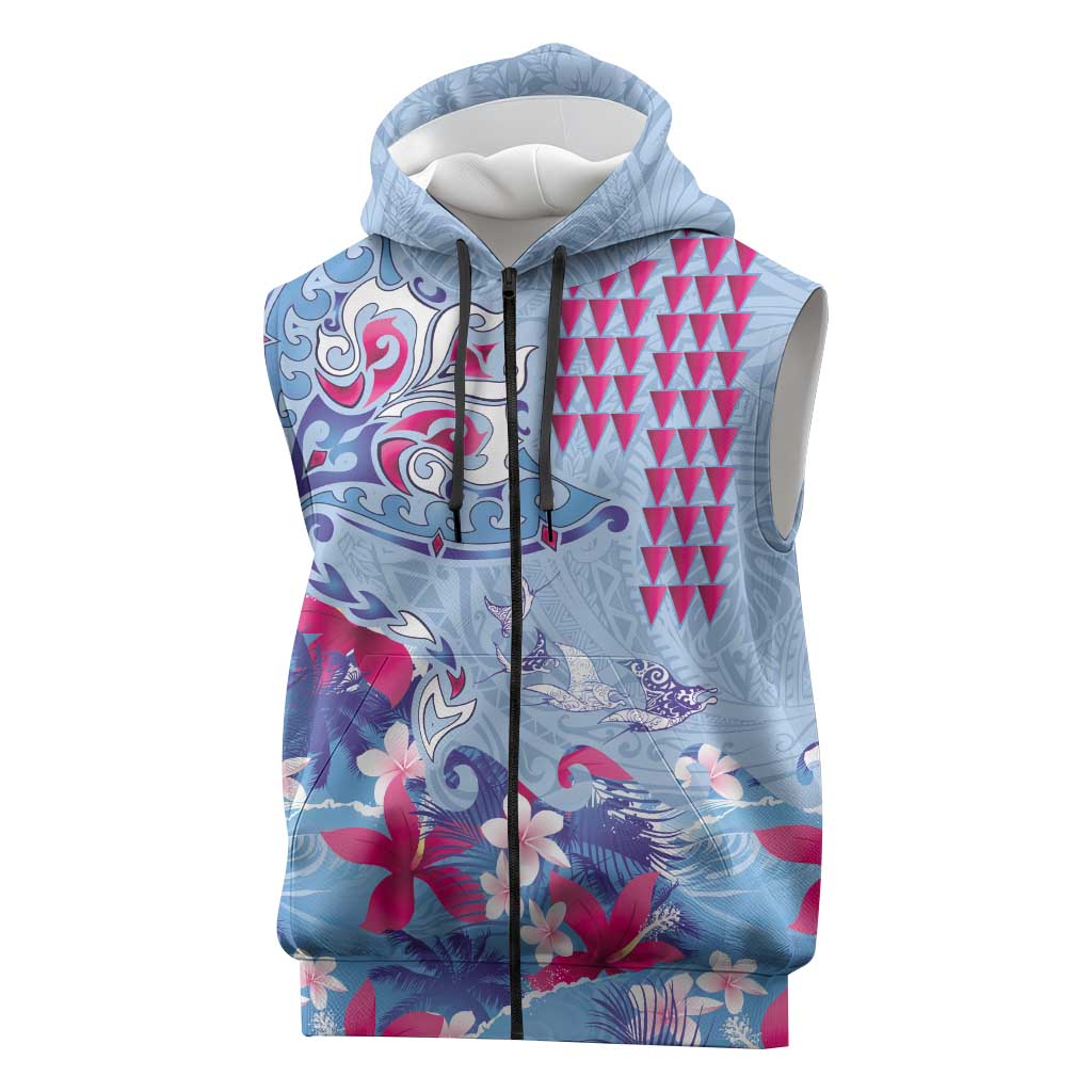 Hawaiian Tribal Manta Ray Sleeveless Zip Hoodie Kakau Tattoo and Flowers Surfing Waves Pattern Soft Color