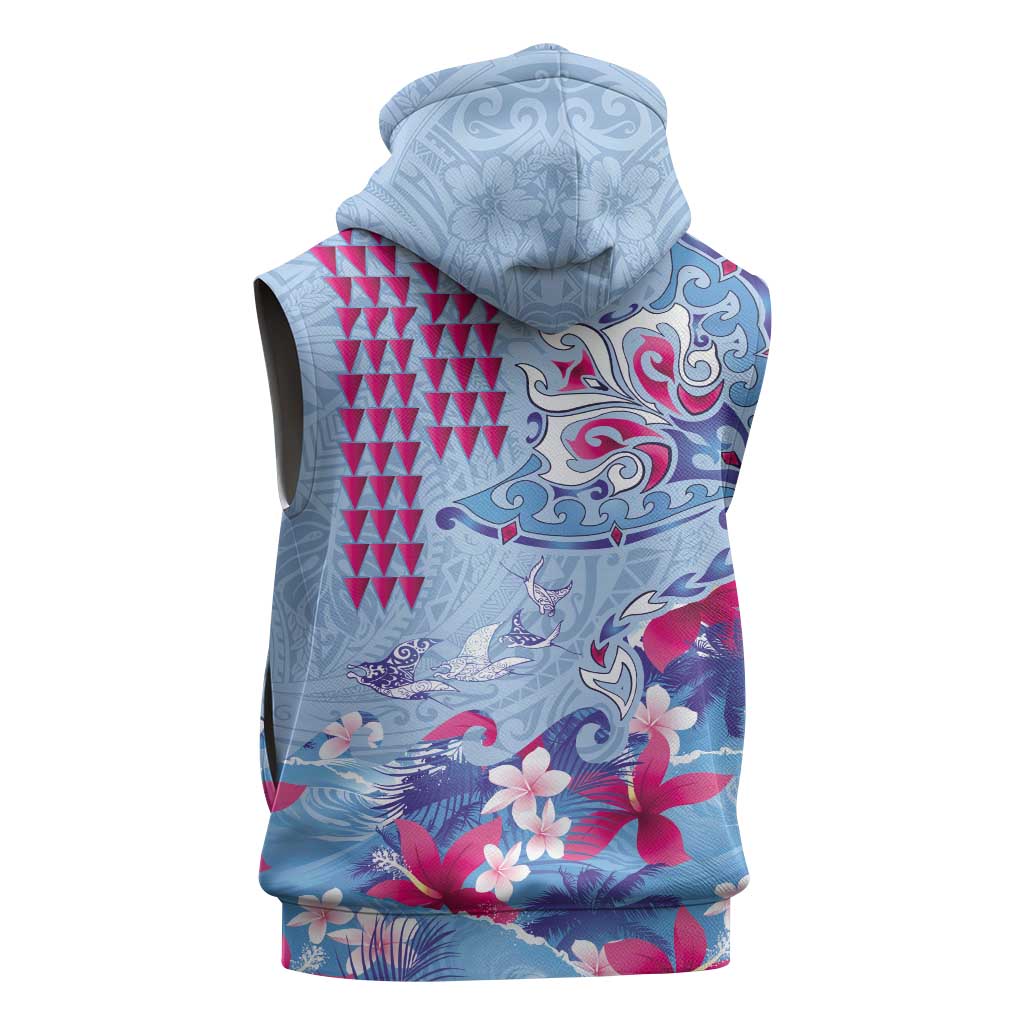 Hawaiian Tribal Manta Ray Sleeveless Zip Hoodie Kakau Tattoo and Flowers Surfing Waves Pattern Soft Color