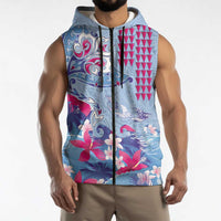 Hawaiian Tribal Manta Ray Sleeveless Zip Hoodie Kakau Tattoo and Flowers Surfing Waves Pattern Soft Color