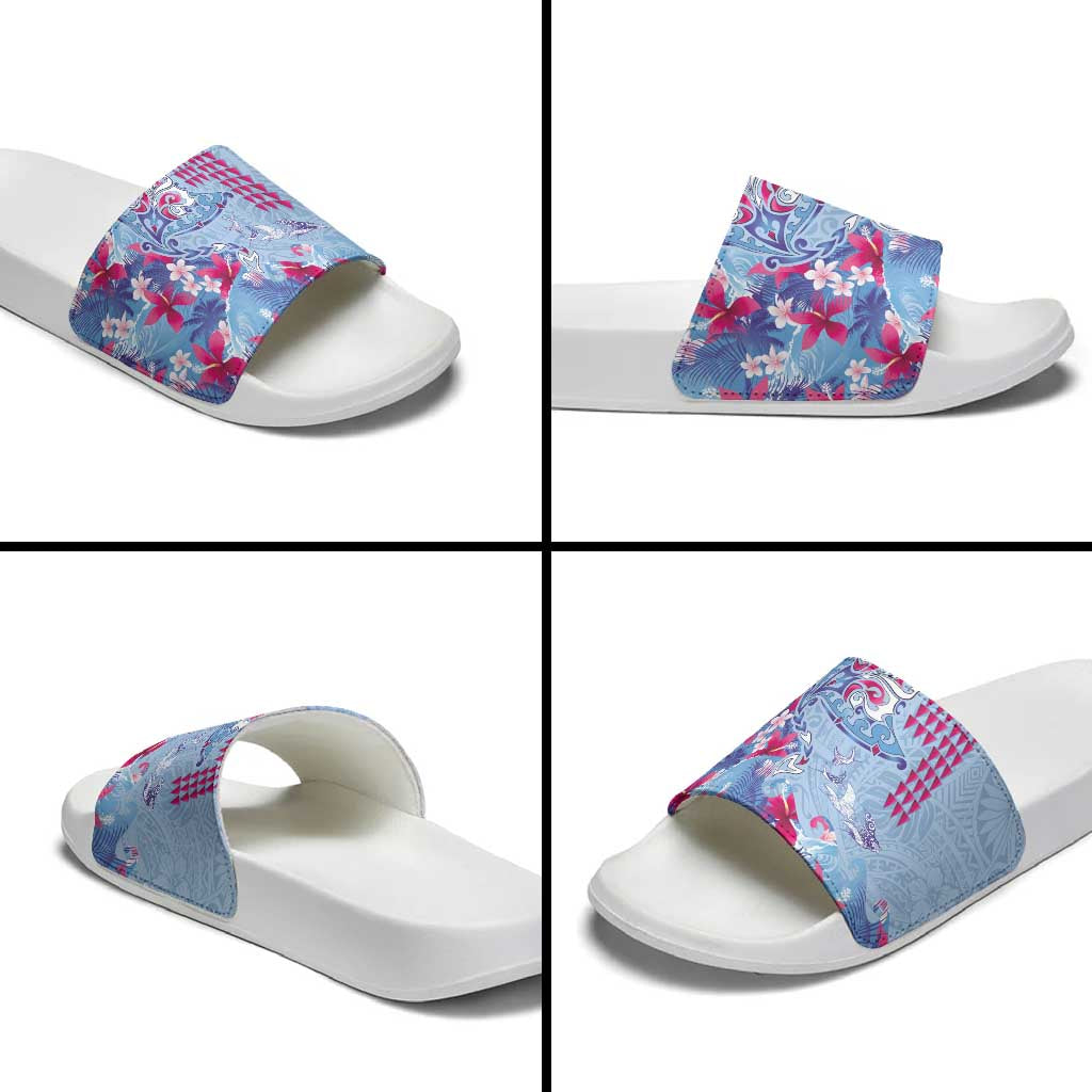 Hawaiian Tribal Manta Ray Slide Sandals Kakau Tattoo and Flowers Surfing Waves Pattern Soft Color