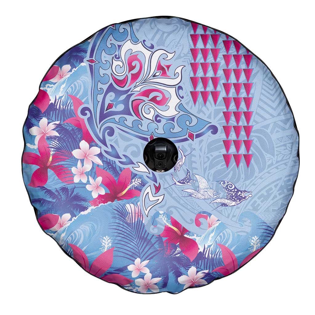 Hawaiian Tribal Manta Ray Spare Tire Cover Kakau Tattoo and Flowers Surfing Waves Pattern Soft Color