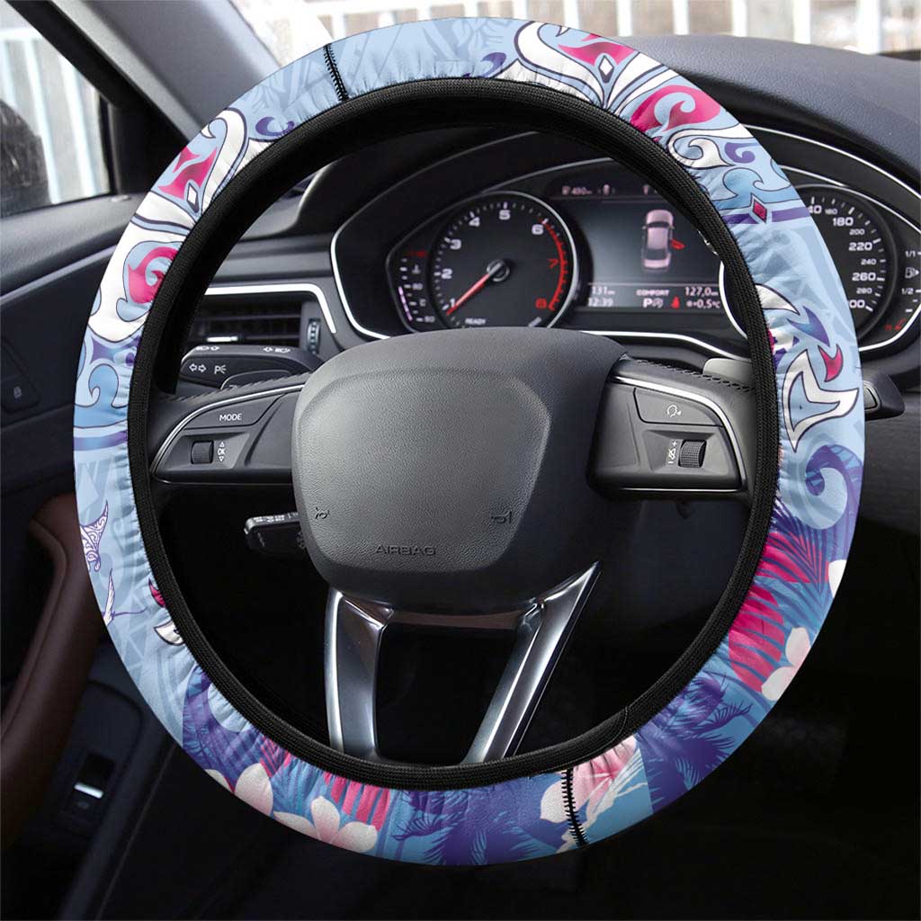 Hawaiian Tribal Manta Ray Steering Wheel Cover Kakau Tattoo and Flowers Surfing Waves Pattern Soft Color
