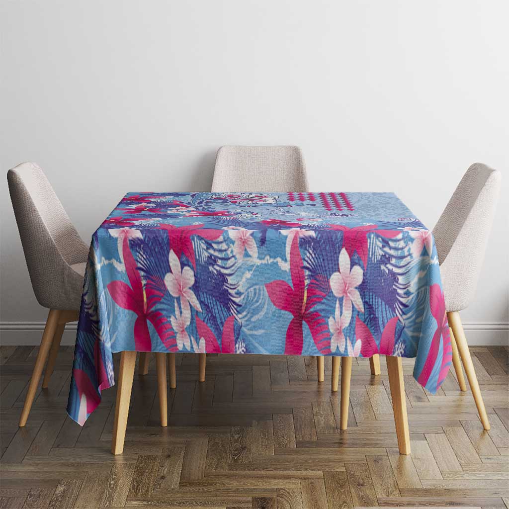 Hawaiian Tribal Manta Ray Tablecloth Kakau Tattoo and Flowers Surfing Waves Pattern Soft Color
