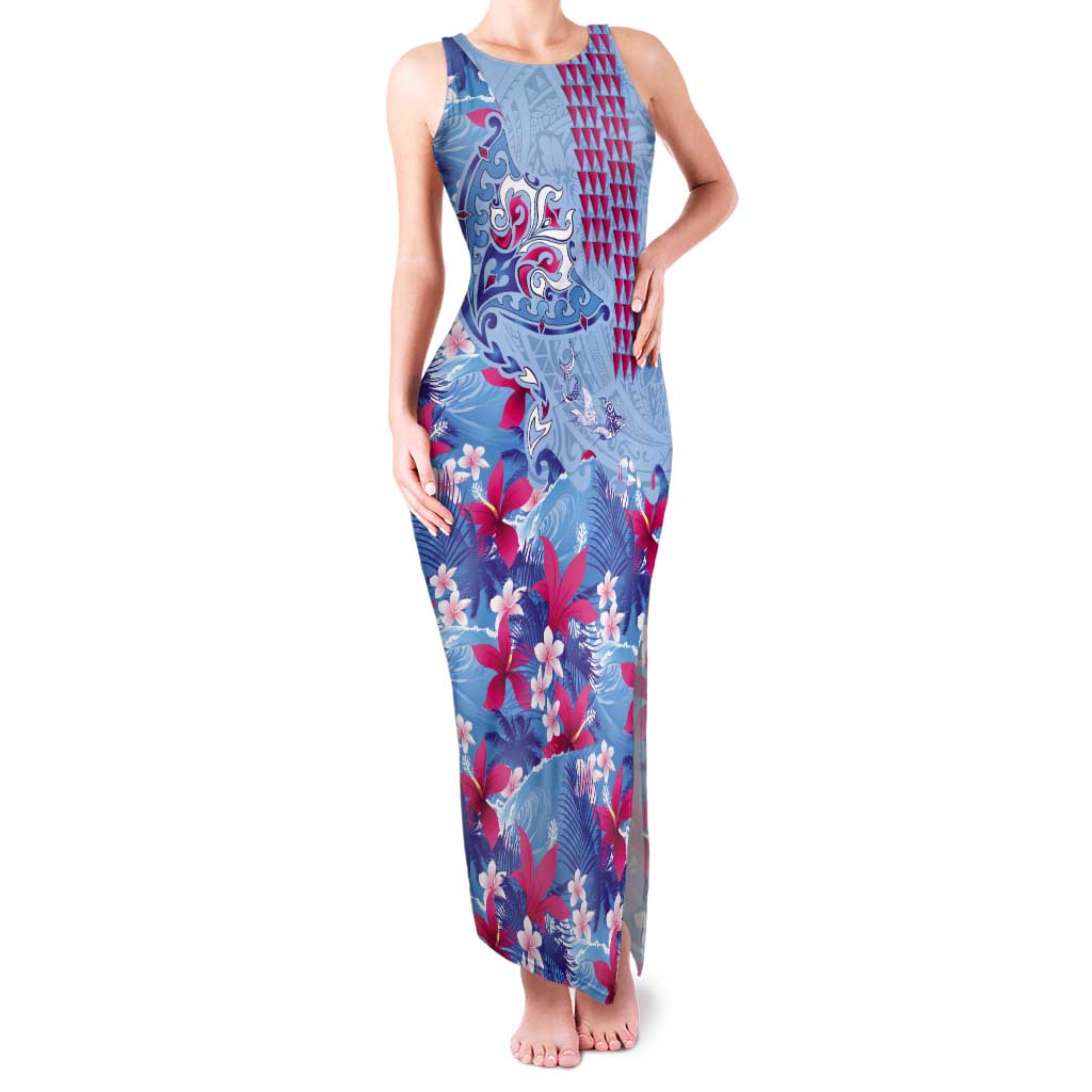 Hawaiian Tribal Manta Ray Tank Maxi Dress Kakau Tattoo and Flowers Surfing Waves Pattern Soft Color