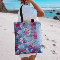 Hawaiian Tribal Manta Ray Tote Bag Kakau Tattoo and Flowers Surfing Waves Pattern Soft Color LT03 - Polynesian Pride