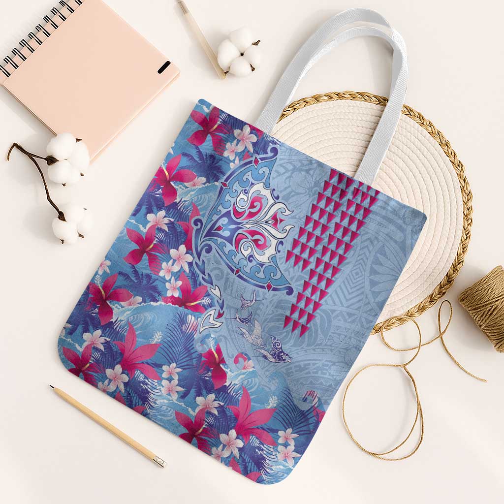 Hawaiian Tribal Manta Ray Tote Bag Kakau Tattoo and Flowers Surfing Waves Pattern Soft Color LT03 White Strap One Size Multicolor - Polynesian Pride