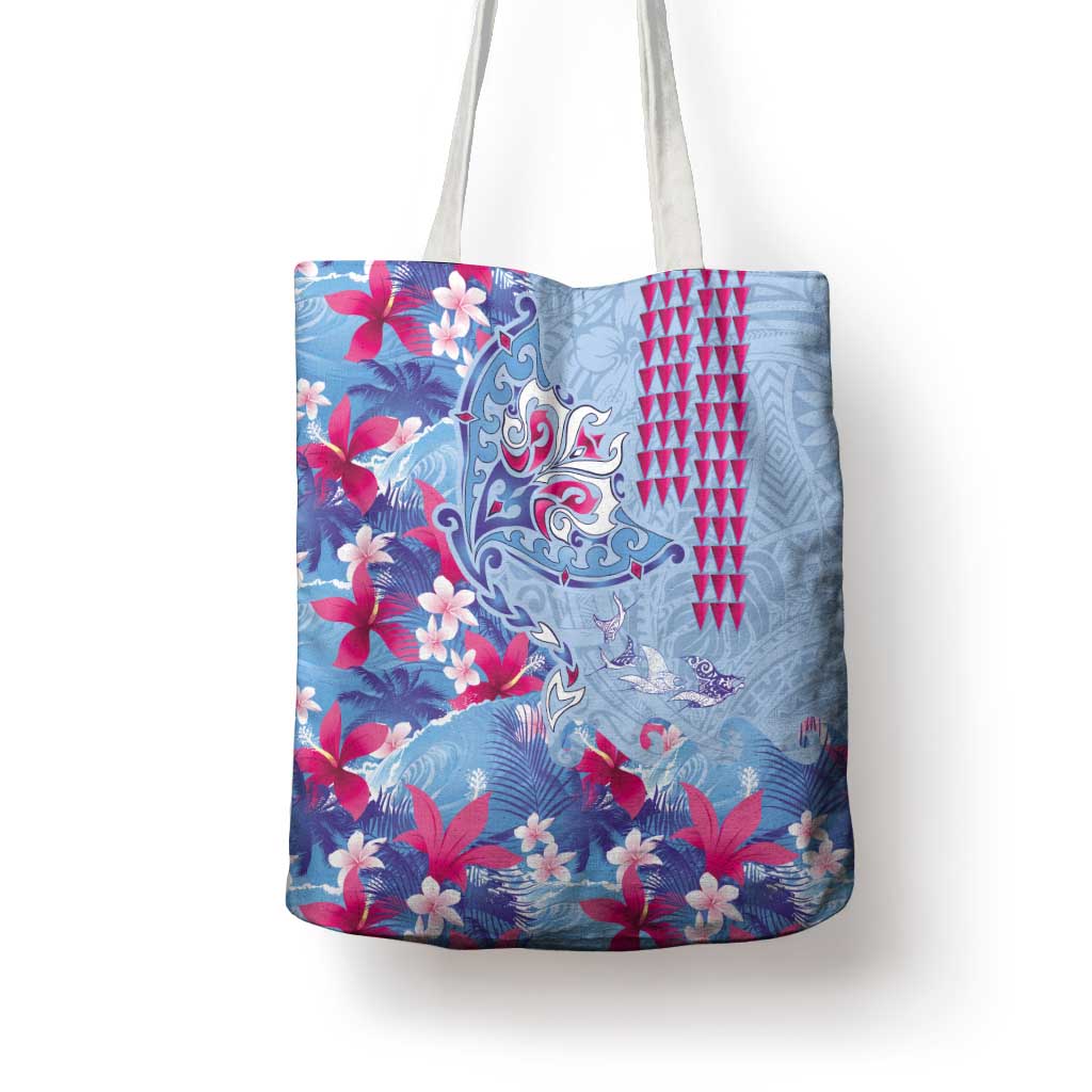 Hawaiian Tribal Manta Ray Tote Bag Kakau Tattoo and Flowers Surfing Waves Pattern Soft Color LT03 - Polynesian Pride